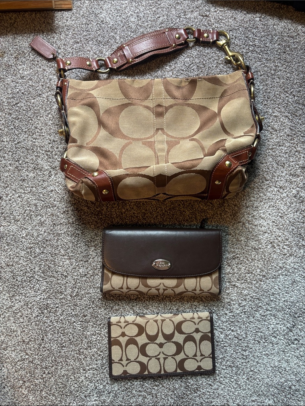 Coach Brown Signature Canvas Shoulder Bag with Matching Wallet
